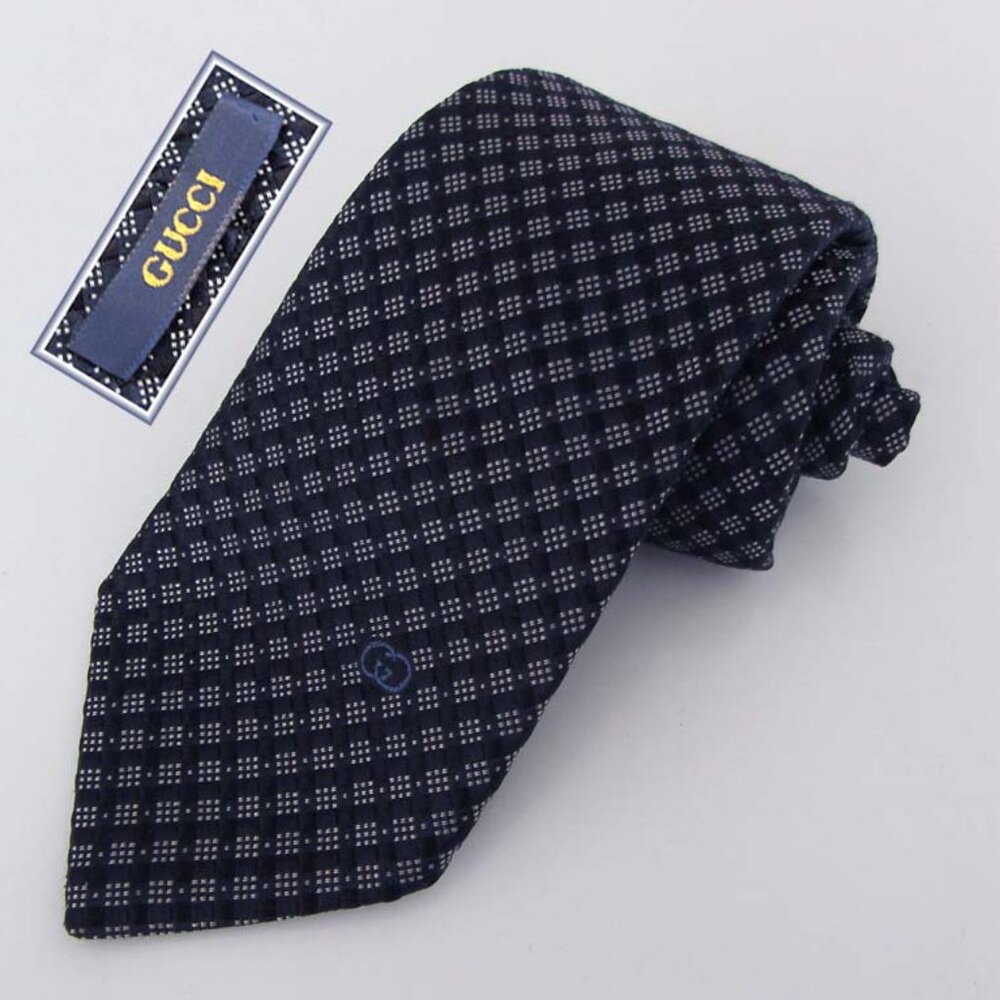 GUCCI navy GG Guccissima grid/dots print jacquard tie 100% silk